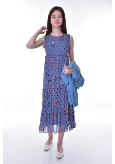 Kız Çocuk Kot Bolerolu Astarlı Şifon Uzun Çiçekli Elbise Koyu Mavi