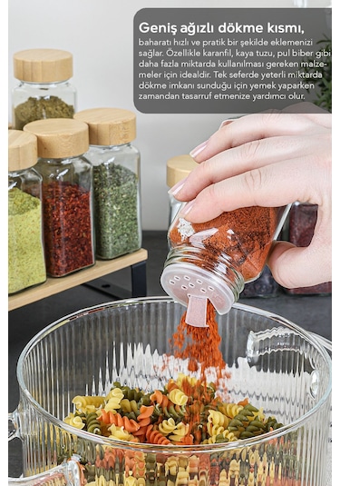 12'li Bambu Kapaklı Cam Baharatlık Seti - Etiketli Tuzluk Biberlik Köşeli Baharat Takımı 120 Ml ŞEffaf