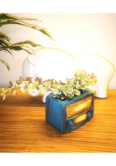 Artepieza Retro Radyo Sukulent Saksısı Ve Kalemlik - Masaüstü Dekoratif Organizer Petrol Mavisi 12 8 12cm