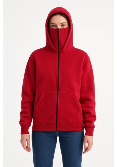 Samuray Ninja Çift Kapüşonlu Hoodie Oversize Kanguru Cepli, Bahar - Kışlık Fermuarlı Sweatshirt- Kırmızı Kırmızı
