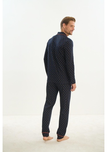 Erkek Uzun Kol Gömlek Yaka Önden Düğmeli Lacivert Pijama Takım C4t1n4o9 001