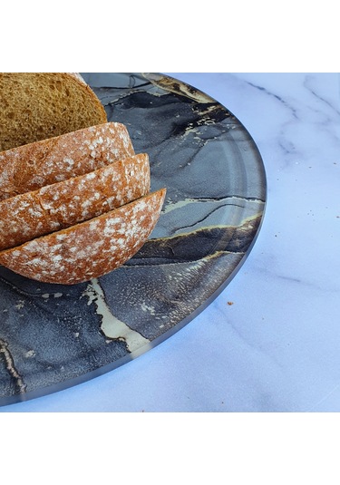 Kanallı Cam Kesme Tablası | Gri Gold Mermer | Çap32cm