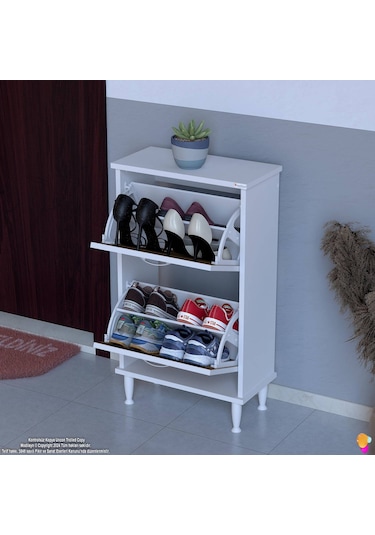 Modilayn Umay Kapı Önü 52 X 90 X 25, 5 Cm Lik 2 Düşer Kapak 4 Göz Bölmeli Ayakkabılık Beyaz - Ceviz