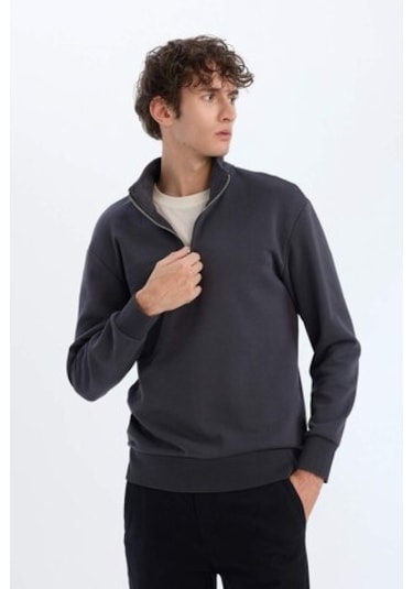 DeFacto Comfort Regular Fit Rahat Kalıp Fermuarlı Dik Yaka Basic Düz Sweatshirt X7405AZ24AUAR214 DeFacto Comfort Regular Fit Rahat Kalıp Fermuarlı Dik Yaka Basic Düz Sweatshirt X7405AZ24AUAR214