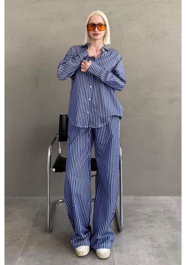 Madmext Lacivert Çizgili Gömlek Pantolon Kadın Takım Mg2457 Lacivert