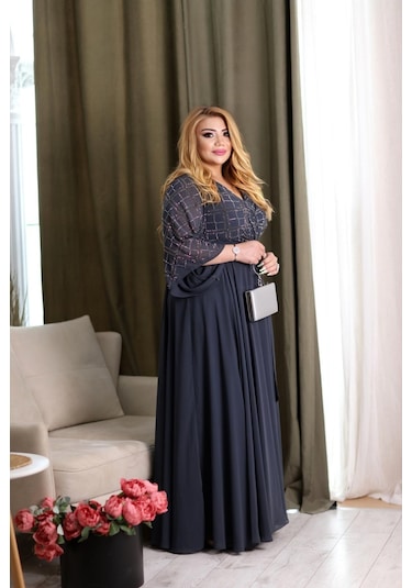 Lady Sharm Şifon Üzeri Kristal Taşlı Kadın Elbise Gri