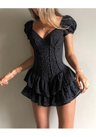 Astarı Şortlu Transparan Detaylı Dantel Kısa Kol Mini Gece Şort Tulum Siyah
