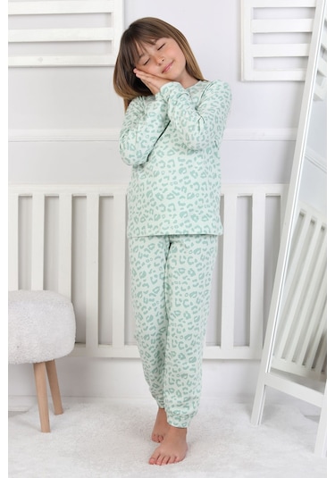 Minik Uyku Avcısı - Vahşi Rahatlık Serisi Leopar Desenli Kız Çocuk Pijama Takımı Mint