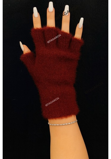 Peluş Kesik Parmak Eldiven Bordo 2