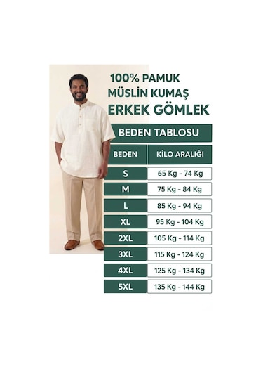Poriento Ekru Geniş Kalıp %100 Pamuk Müslin Kumaş Hakim Yaka Kısa Kollu Erkek Gömlek - Hac Umre Gömleği