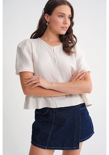 4713 Kadın Beli Büzgülü Kolu Lastikli Bol Müslin Bluz Naturel Naturel