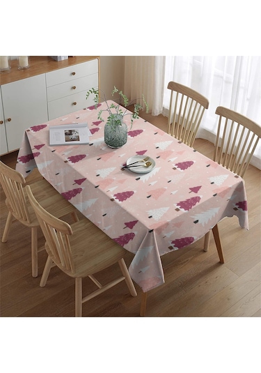 Noel Desenli Dikdörtgen Masa Örtüsü 60x84 İnç, Su Geçirmez Ve Leke Tutmaz Noel Ağacı Kar