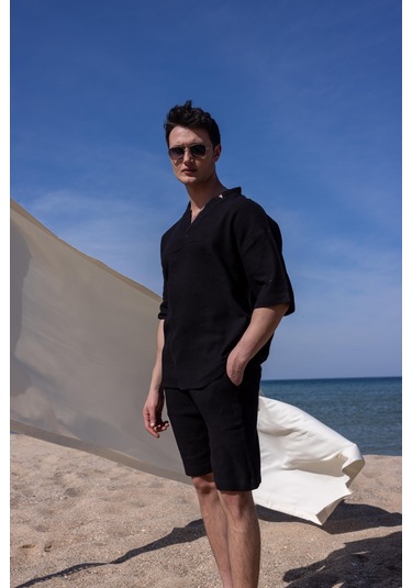 Siyah Renk V Yaka Gömlek Şort Erkek Yıkamalı Keten Takım-1741 Siyah