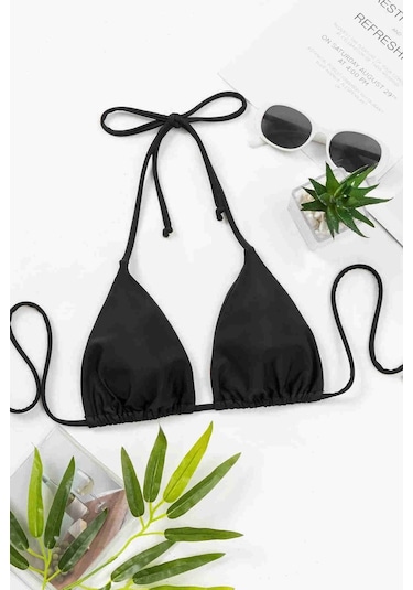 Angelsin Siyah Boyundan Bağlamalı Üçgen Bikini Üstü Siyah 001