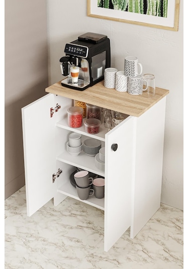 Dorta Mutfak Dolabı 2 Kapaklı 3 Raflı Kahve Köşesi Kiler Dolabı Beyaz Meşe Beyaz - Meşe