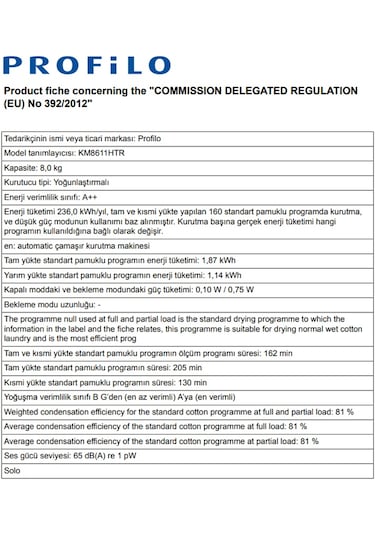 Profilo KM8611HTR A++ 8 KG Isı Pompalı Çamaşır Kurutma Makinesi