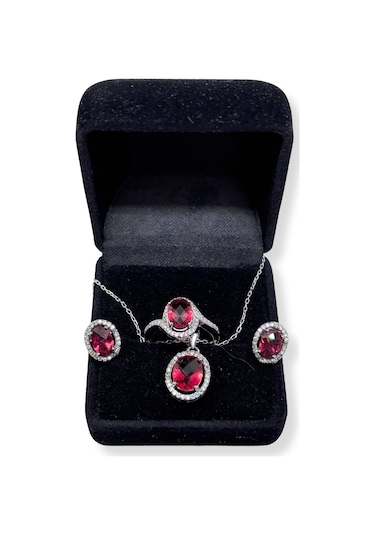 Oya Silver Lal Taşlı Işıltılı Gümüş Set&takım
