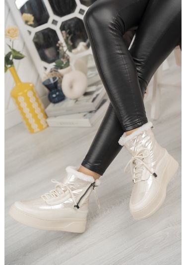 Khayt Violetta Su Geçirmez Kürklü Fermuarlı Kadın Kar Bott Bej