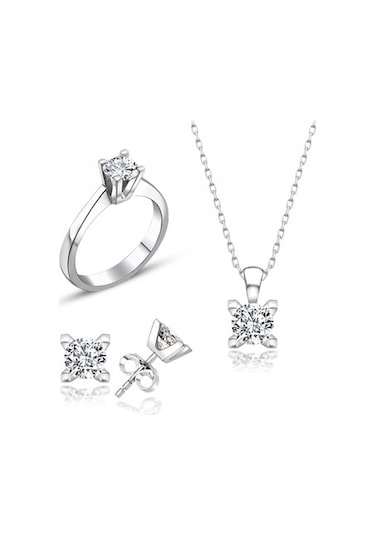 Sertifikalı Swarovski Taşlı Klasik Tek Taş 925 Gümüş Set Takım