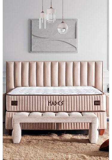 Hades Yatak Baza Ve Başlık Seti 160x200 Cm Çift Kişilik Paket Yaylı Lüks Yatak Krem Baza Başlık