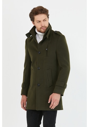 Erkek Haki Dar Kesim Dik Yaka Uzun Kaşe Kaban-Haki