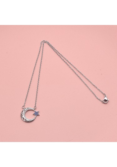 Mavi Zirkon Taşlı Ay Yıldız Kadın Kolye Çelik Takı Aksesuar Gri