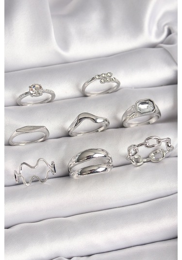 Pirinç Gümüş Renk Zirkon Taşlı Zincir Model Detay Kadın Yüzük Kombini - Tj-byk3647 Çok Renkli