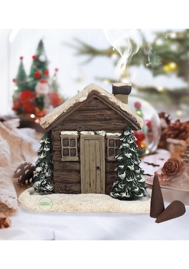 2 Adet Kar Efektli Ev Şeklindeki Yılbaşı Tema El Boyama Tütsülük