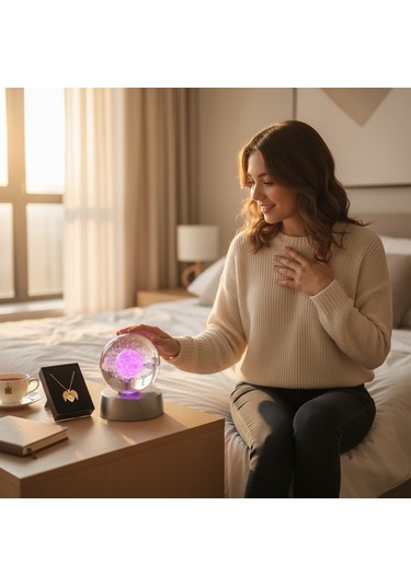 Kişiye Özel Romantik Işıklı Kristal Küre Gezegen Lamba & Melek Kanadı Kolye Kombin Seti