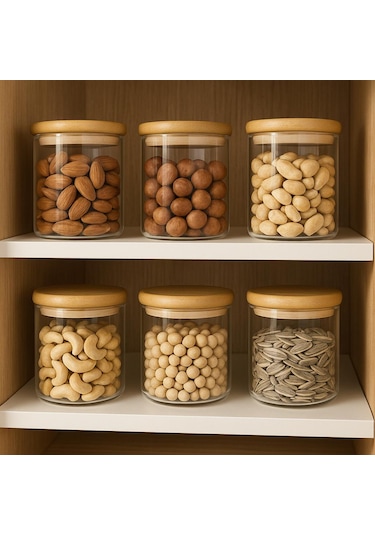 Borosilikat Baharatlık 500 Ml 6 Adet - 90 Mm X 100 Mm -bambu Kapaklı-sızdırmaz Silikonlu Beyaz