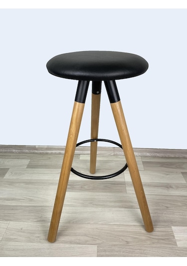 Banco Bar Sandalyesi, Bar Taburesi 74cm Ahşap Ayak Siyah Deri Oturak Çok Renkli