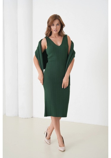 Kadın Bisiklet Yaka Dokulu Kazak Elbise İkili Triko Takım