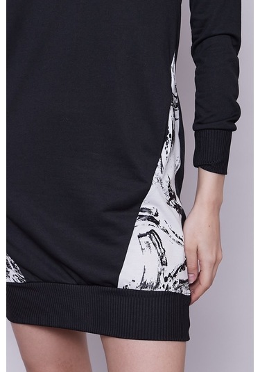 Kadın Sıfır Yaka Cep Detaylı Uzun Kol Sweat Elbise -Siyah