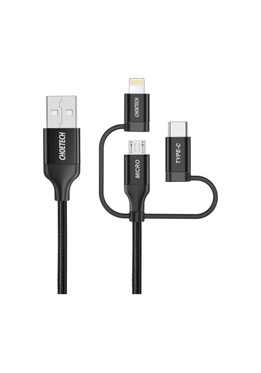 Choetech 3in1 Lightning + Usb-c + Micro Usb Hızlı Şarj Ve Data Kablosu - Mfı Lisanslı - Ip0030 - Siyah