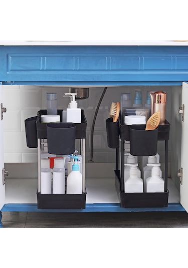 Moveevo 2 Katlı Paslanmaz Çelik Renkli Lavabo Altı Organizer, Su Akıtma Tasarımı İle 2 Bardak Tutuculu, Mutfak Ve Banyo Depolama Rafı Siyah