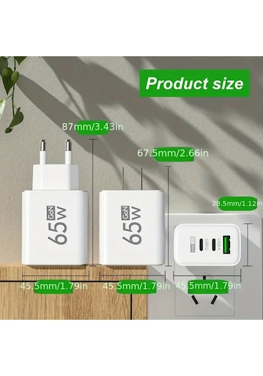 Dofolink 65w Hızlı Şarj Cihazı, 1u+2pd Çoklu Usb-c/usb Port, Avrupa Standartı, İphone Ve Android Uyumlu, Sarı