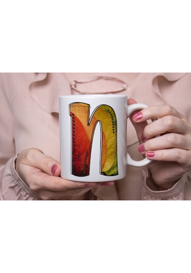 N Harf Yaprak Renkleri İle Kupa Bardak - Kişiye Özel Alfabe Harfli Bardak - Hediye Beyaz