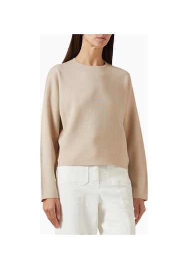 Marella Crewneck Wool Knit Kazak, Yumuşak Saf Yünlü Klasik Basic Tasarım Bej