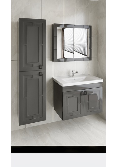 Mr Clk Antrasit Gri 80 Cm Banyo Alt Dolap + Üst Dolap + Yan Boy Dolap +lavabo Antrasit - Gri