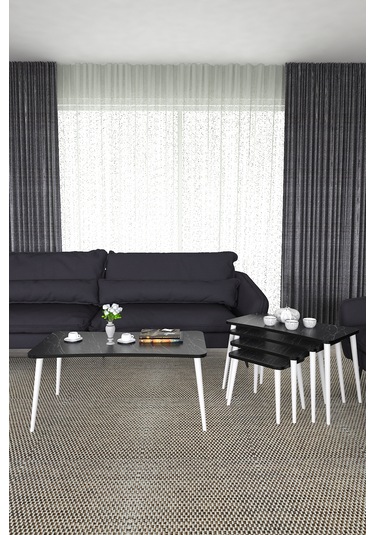 Milas 5li Orta Sehpa Ve Zigon Sehpa Siyah Mermer Ahşap Ayaklı