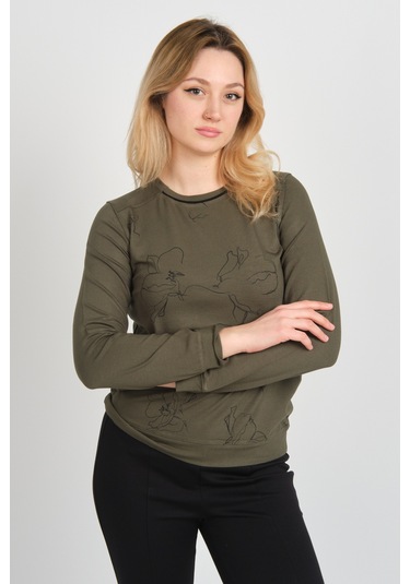 Sistas Kadın Desenli Bisiklet Yaka Uzun Kol Bluz 24611 Haki Haki