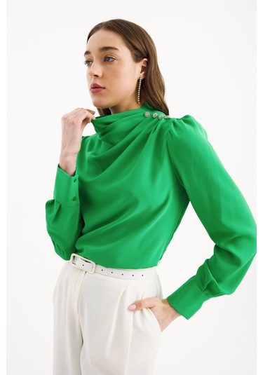 Sateen Düğmeleri Taş Detaylı Bluz - Yeşil