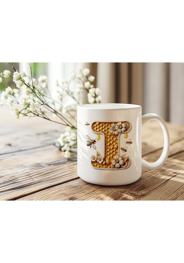I Harfi Bal Arısı Tasarım Kupa Bardak - Bal Ve Petek Desenli Kişiye Özel Kahve Kupası - Hediyelik Beyaz
