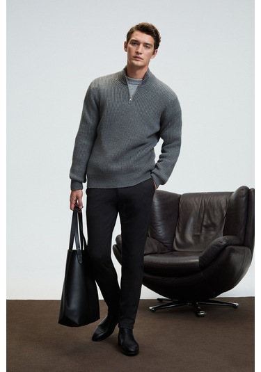 BERNARDO Erkek Yarım Fermuarlı Dik Yaka Triko Antrasit Kazak