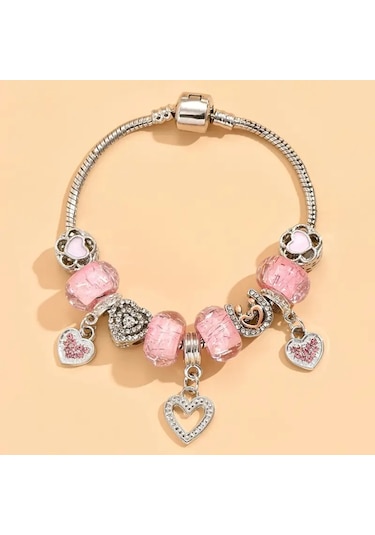 Worldshop Pembe Taşlı Kalp Charmlı Bileklik