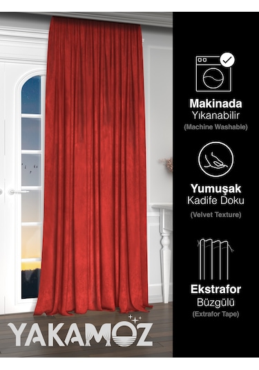 Yakamoz Kadife Görünüm Kırmızı Ada Fon Perde Ekstraforlu Velvet Touch Serisi Kırmızı