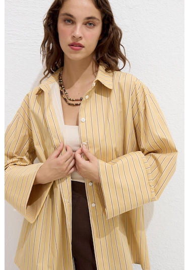 Manuka Çizgili Pamuklu Gömlek Sarı Çizgi Sarı