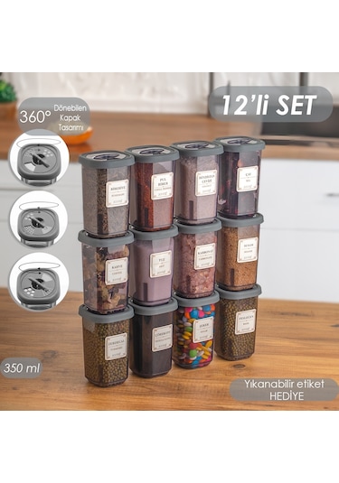 Porsima 1059 Döner Kapaklı Baharatlık Seti 12'li 350 CC Füme
