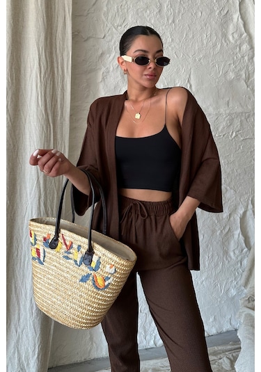 Modagen Kadın Kahve Kimono Alt Üst Havuç Pantolon Takım Kahve