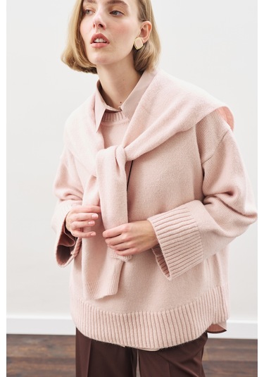 Kare Yaka Bağlamalı Triko Atkı Pembe Pembe